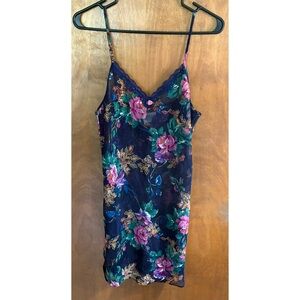 VINTAGE Blue Floral Embroidered Slip Dress Y2K Lace Trim Sheer Fairy Rosette Mod